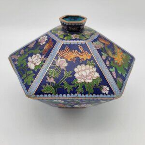 Antique Chinese Cloisonné Hexagonal Shaped Lidded Bowl